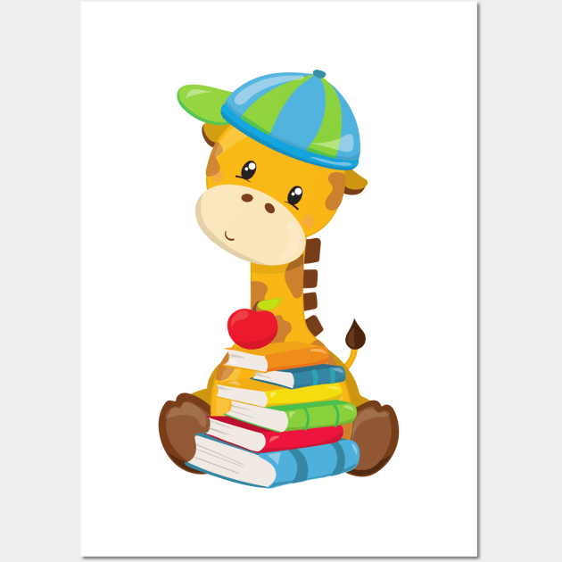 Cute Giraffe, Giraffe Going To School, Books Wall Art by Jelena Dunčević